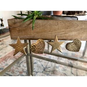 Vintage Gold Brass Hearts & Stars Napkin Rings, Solid Brass Holders, Set of 4